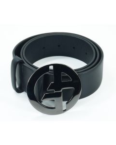 Giorgio Armani Black Leather Belt - Dark mirror finish buckle.
