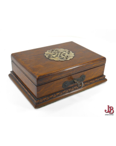 Old victorian wooden box with key and green satin lining