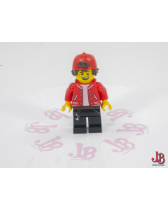 A used Lego Minifigure - hs047 - Hidden Side - Jack Davids - Red Jacket with Backwards Cap (Open Mouth Smile / Scared)