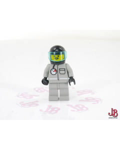 A used Lego Minifigure - firec013 - Town / Town Jr. / Fire - Fire - Air Gauge and Pocket, Light Gray Legs, Moustache, Black Helmet, Trans-Light Blue Visor