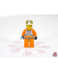 A used Lego Minifigure - sw0033 - Star Wars / Star Wars Episode 4/5/6 - Rebel Pilot Y-wing (Jon "Dutch" Vander, Gold Leader) - Yellow Head, Dark Gray Hips