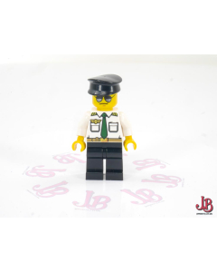 A used Lego Minifigure - cty0403 - Town / City / Airport - Airport - Pilot, White Shirt with Dark Green Tie and Belt, Black Legs, Black Hat