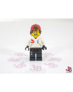 A used Lego Minifigure - hs037 - Hidden Side - Jack Davids - White Hoodie with Backwards Cap and Hood Folded Down (Open Mouth Smile / Scared)