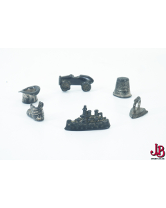 6 old 1930's metal Monopoly tokens pieces zamak
- car thimble iron hat boat shoe
