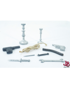 Vintage game pieces / tokens from Cluedo - metal - Candle Stick, pipe, rope etc