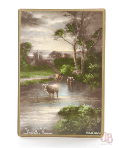 Antique postcard greetings birthday Panel Card - Frank Keene Pastoral Cows 900/4