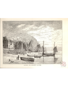 Antique 1880s lithograph / print - Hastings The Fishermens Quarter - East Sussex