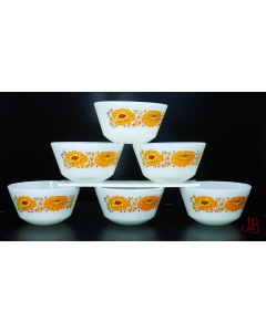 6 small vintage JAJ pyrex bowls - Marigold / Sunflower - soup - cereal - pudding