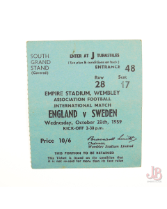 England v Sweden ticket stub Wembley October 28th 1959 South Stand Blue