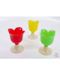 3  Vintage 1950's plastic flower egg cups - red green yellow - Retro MCM
