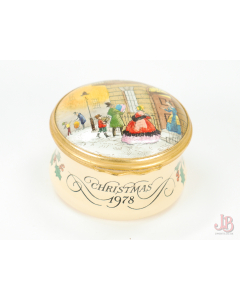 Bilston & Battersea Halcyon Days Enamel Trinket Box - Christmas 1978 - round

