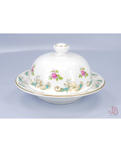 Crown Staffordshire Butter Dish - Embossed Scroll turquoise gold rose bone china
