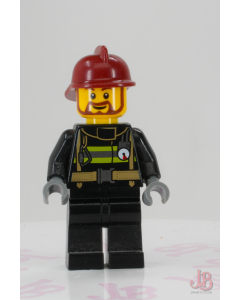 Lego minifigure game015 Fire - Reflective Stripes with Utility Belt, Black Legs, Dark Red Fire Helmet, Brown Beard Rounded