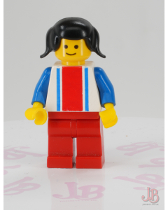 Lego minifigure ver010 Vertical Lines Red & Blue Black Pigtails Hair