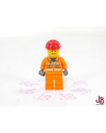A used Lego Minifigure - cty0034 - Town / City / Construction - Construction Worker - Orange Zipper, Safety Stripes, Orange Arms, Orange Legs, Red Construction Helmet, Eyebrows, Thin Grin with Teeth