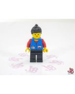 A used Lego Minifigure - res010 - Town / Town Jr. / Coast Guard - Coast Guard City Center - Red Collar & Arms, Black Legs, Black Ponytail Hair