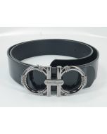 Ferragamo Polished Black leather belt - Silver Gancini buckle