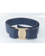 Ferragamo blue leather belt - gold tone adjustable buckle