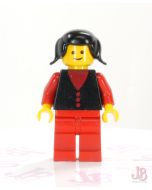 Lego minifigure but004 Shirt with 3 Buttons - Red Arms Legs, Black Pigtails Hair