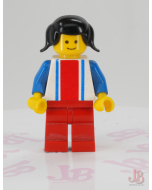 Lego minifigure ver010 Vertical Lines Red & Blue - Black Pigtails Hair